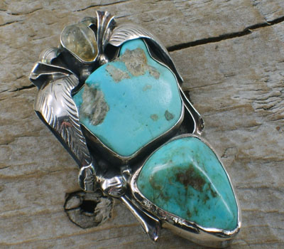 Turquoise Two-Stone Pendant w/ Silver Leaf